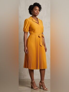 Sharagano Mustard Yellow Pleated Midi Shirt Dress - Size 6